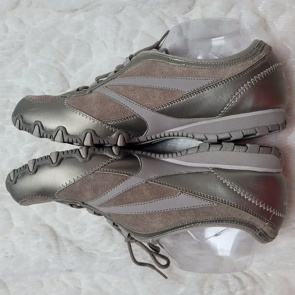 Skechers Lace Up Comfort Sneakers 22018 Leather Low Top Rhinestones Taupe 10 - Picture 7 of 12